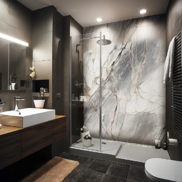 Large grey marble-look PVC panel in a modern shower.