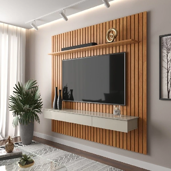 Wood-tone slatted wall paneling with mounted TV and shelf.